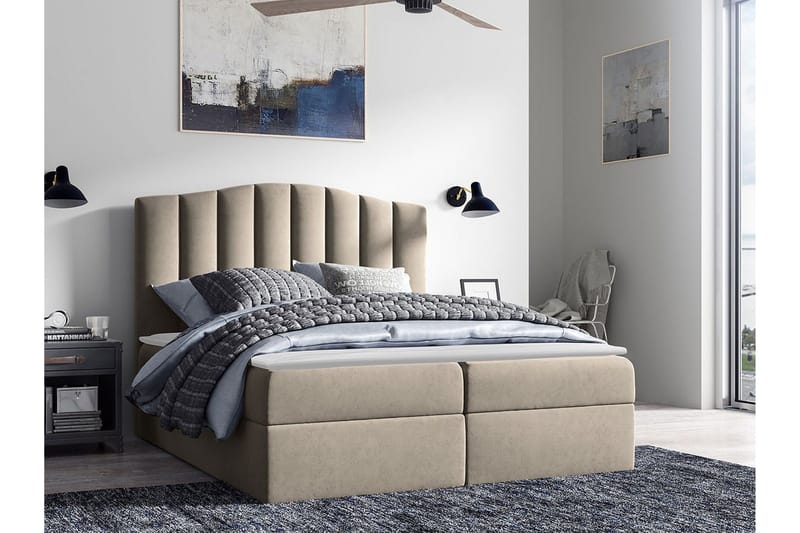 Herstello Komplett Sängpaket 120x200 cm i Sammet med Förvaring och Sänggavel + Bäddmadrass - Beige - Möbler - Säng - Sängram & sängstomme
