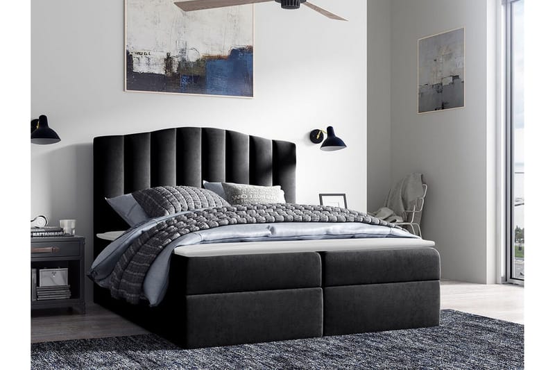 Herstello Komplett Sängpaket med Förvaring 120x200 cm i Sammet med Sänggavel + Bäddmadrass - Svart - Möbler - Säng - Sängram & sängstomme