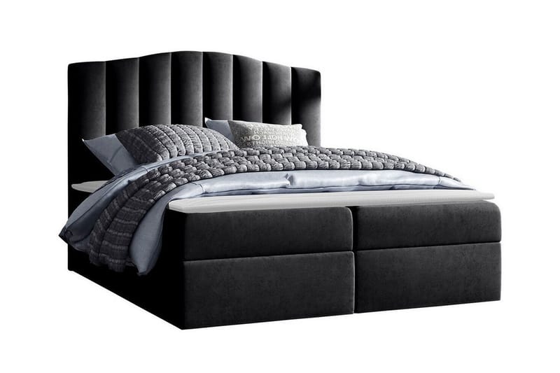 Herstello Komplett Sängpaket med Förvaring 120x200 cm i Sammet med Sänggavel + Bäddmadrass, Svart