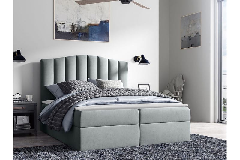 Herstello Komplett Sängpaket med Förvaring 120x200 cm i Tyg med Sänggavel + Bäddmadrass - Grå - Möbler - Säng - Sängram & sängstomme