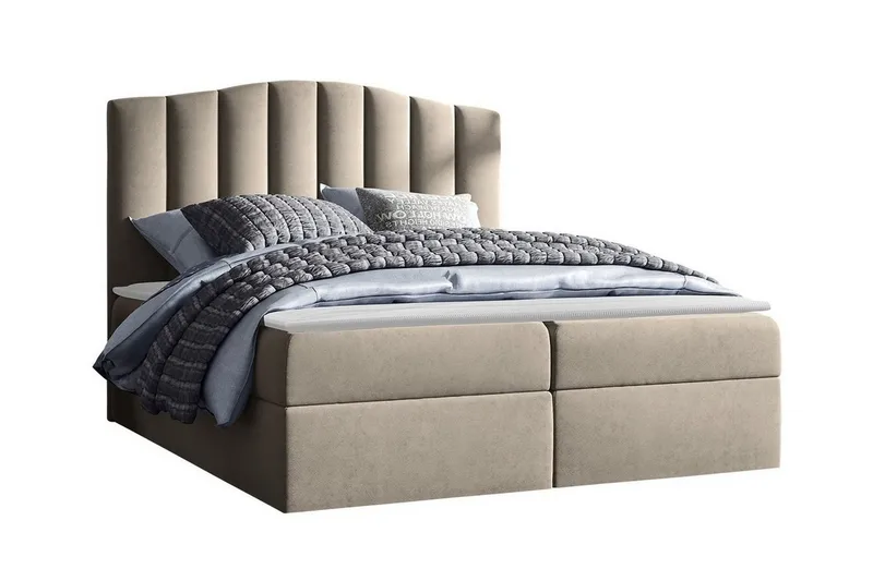Herstello Komplett Sängpaket med Förvaring 140x200 cm i Sammet med Sänggavel + Bäddmadrass, Beige