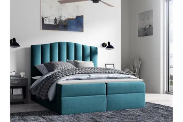 Herstello Komplett Sängpaket med Förvaring 140x200 cm i Sammet med Sänggavel + Bäddmadrass - Petrol - Möbler - Säng - Sängram & sängstomme