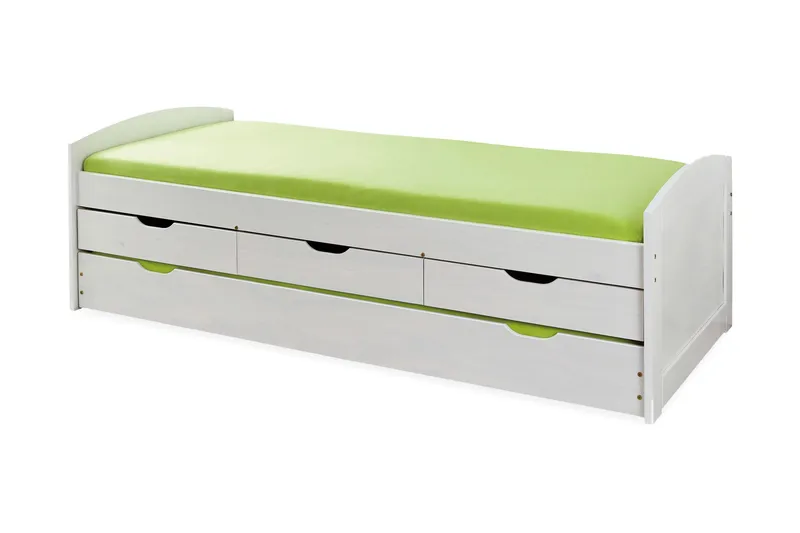 Marina Komplett Sängpaket med Förvaring 90x190 cm i Trä med Sänggavel + Bäddmadrass, Vit|Grön