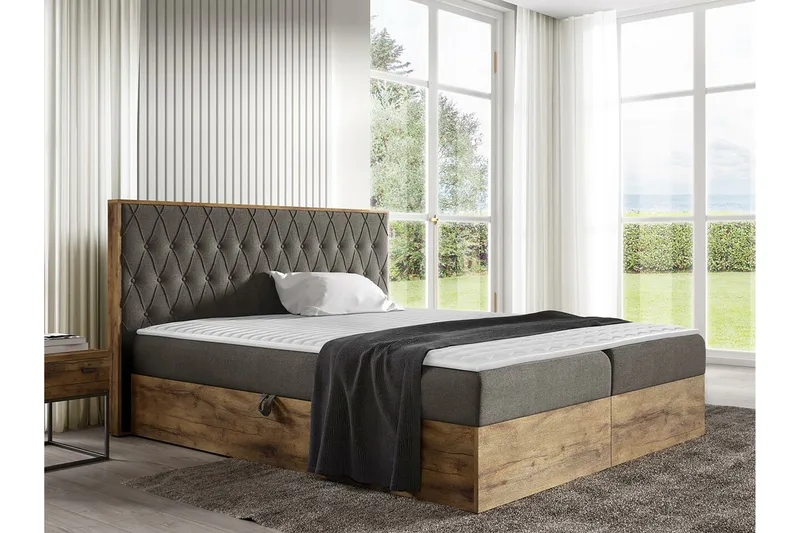 Oberting Komplett Sängpaket 200x200 cm i Tyg med Förvaring och Sänggavel + Bäddmadrass - Brun - Möbler - Säng - Sängram & sängstomme
