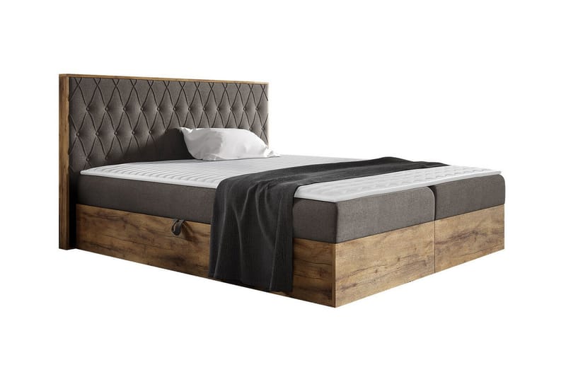 Oberting Komplett Sängpaket 200x200 cm i Tyg med Förvaring och Sänggavel + Bäddmadrass, Brun
