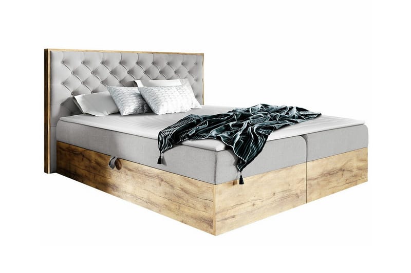 Oberting Komplett Sängpaket 200x200 cm i Tyg med Förvaring och Sänggavel + Bäddmadrass, Ljusgrå