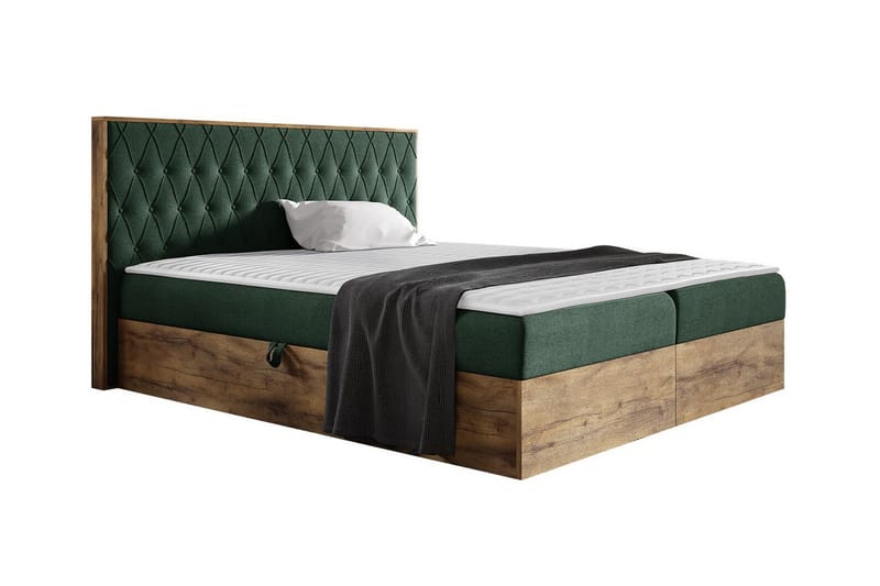 Oberting Komplett Sängpaket 200x200 cm i Tyg med Förvaring och Sänggavel + Bäddmadrass, Mörkgrön