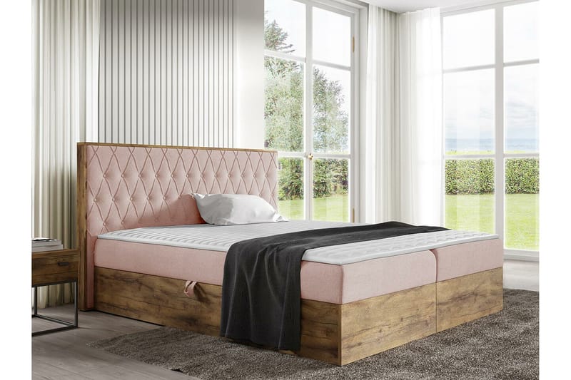 Oberting Komplett Sängpaket 200x200 cm i Tyg med Förvaring och Sänggavel + Bäddmadrass - Rosa - Möbler - Säng - Sängram & sängstomme