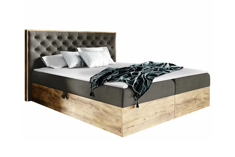 Oberting Komplett Sängpaket med Förvaring 200x200 cm i Tyg med Sänggavel + Bäddmadrass, Brun