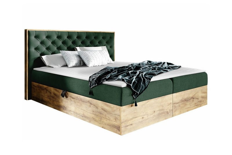 Oberting Komplett Sängpaket med Förvaring 200x200 cm i Tyg med Sänggavel + Bäddmadrass, Mörkgrön