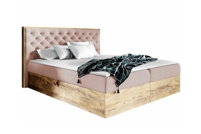 Oberting Komplett Sängpaket med Förvaring 200x200 cm i Tyg med Sänggavel + Bäddmadrass, Rosa|Brun