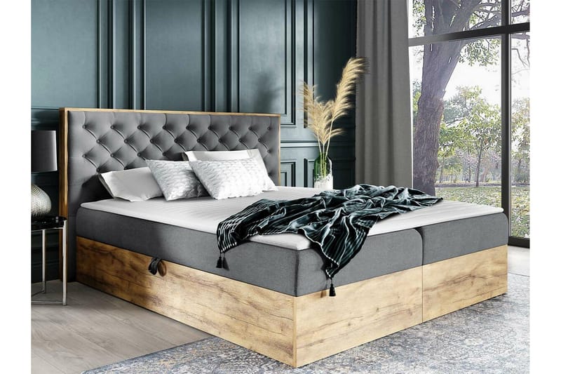 Oberting Sängpaket 200x200 cm med Sänggavel + Bäddmadrass med Fasthetsgrad Medium - Mellangrå - Möbler - Säng - Sängram & sängstomme