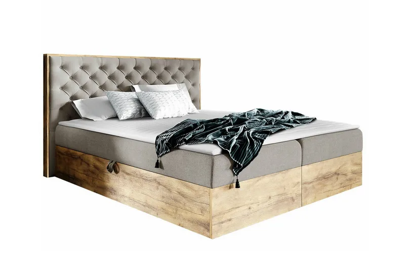 Oberting Sängram med Förvaring 120x200 cm i Tyg med Träunderrede, Ljusbeige