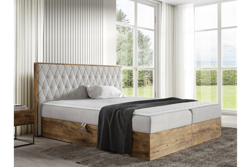 Oberting Sängram med Förvaring 200x200 cm i Tyg med Sänggavel - Ljusgrå - Möbler - Säng - Sängram & sängstomme