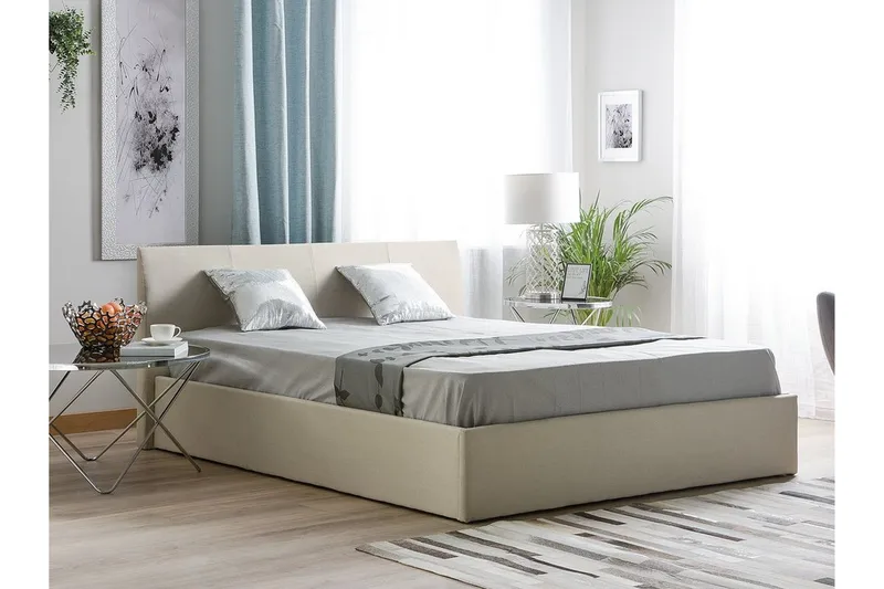 Orbey Sängram med Förvaring 160x200 cm i Tyg med Sänggavel - Beige - Möbler - Säng - Sängram & sängstomme