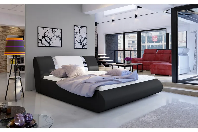 Perow Komplett Sängpaket 180x200 cm i Läder med Sänggavel + Bäddmadrass, Svart|Vit