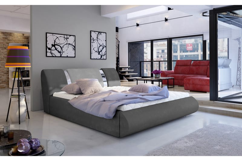 Perow Komplett Sängpaket 180x200 cm i Tyg med Sänggavel + Bäddmadrass, Grå
