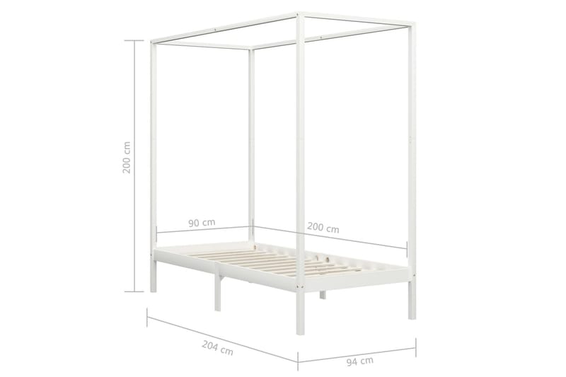 Sängram himmelsäng vit massiv furu 90x200 cm - Vit - Sängram & sängstomme