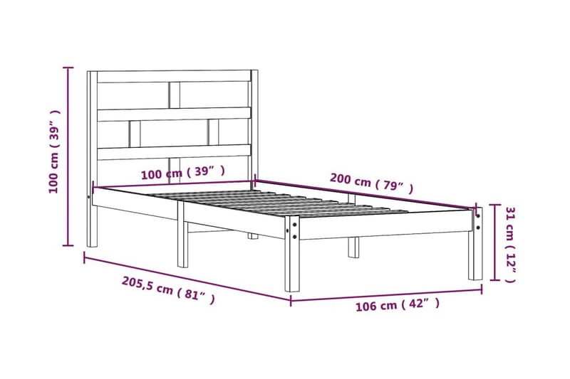 Sängram honungsbrun massiv furu 100x200 cm - Honung - Sängram & sängstomme