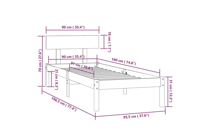 Sängram honungsbrun massiv furu 90x190 cm - Honung - Sängram & sängstomme