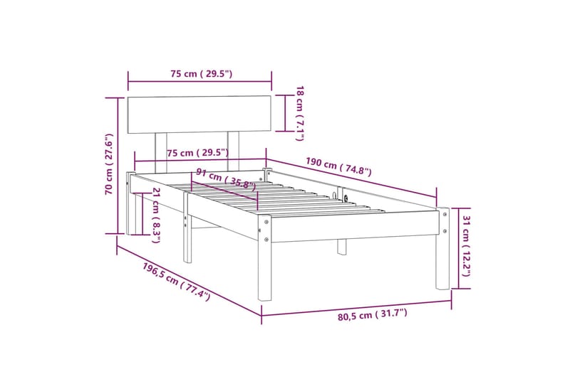 Sängram massiv furu 75x190 cm - Vit - Sängram & sängstomme