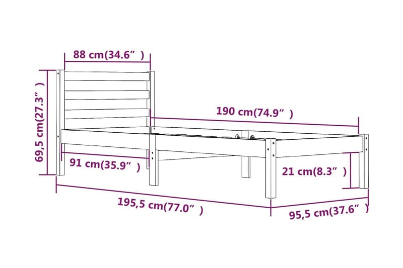 Sängram massiv furu 90x190 cm 3FT - Brun - Möbler - Säng - Sängram & sängstomme