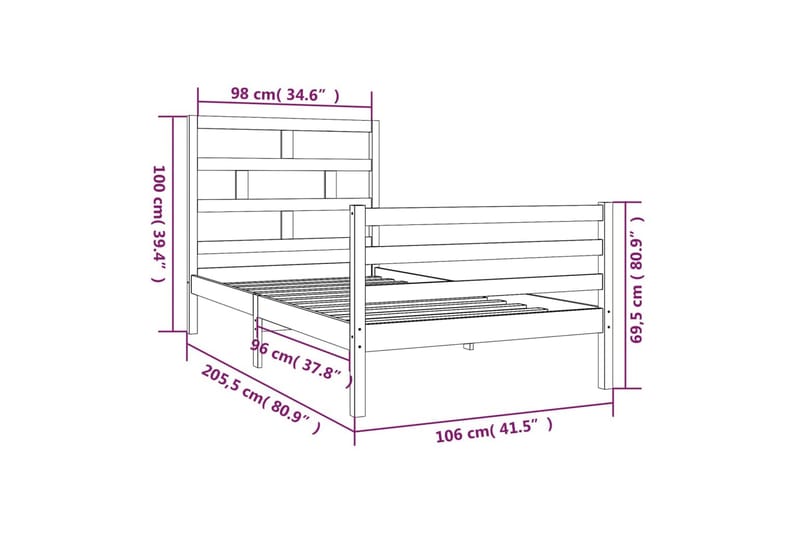 Sängram massivt furu 100x200 cm enkelsäng - Brun - Sängram & sängstomme