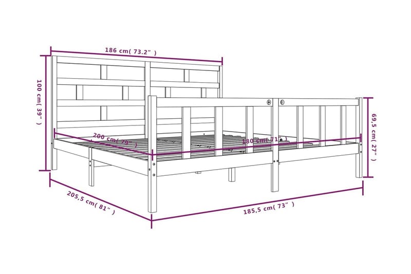 Sängram massivt furu 180x200 cm - Brun - Sängram & sängstomme
