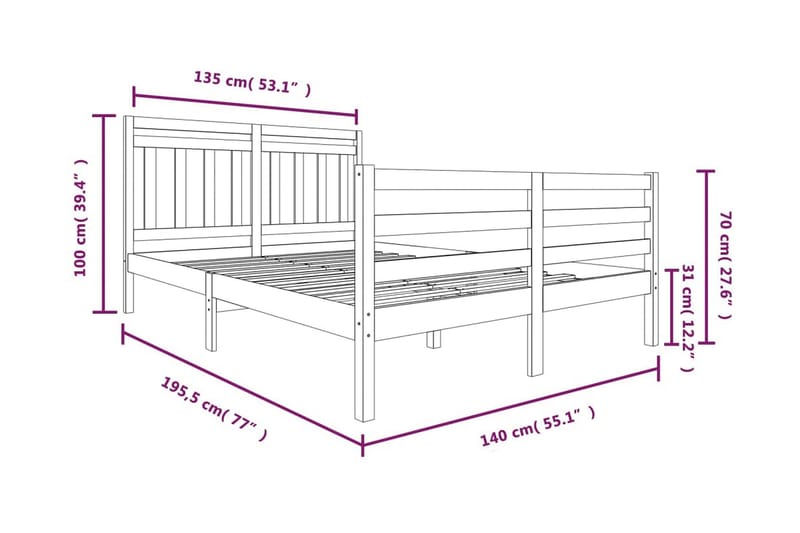 Sängram massivt trä 135x190 cm 4FT6 - Brun - Möbler - S�äng - Sängram & sängstomme
