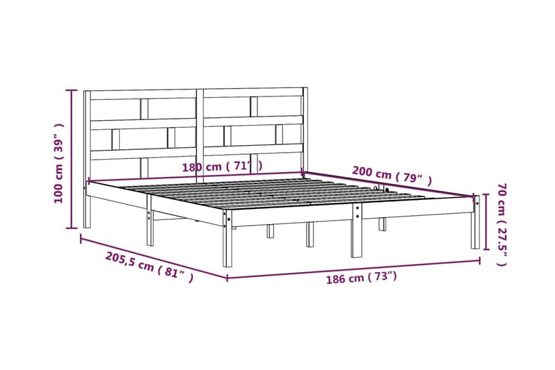 Sängram massivt trä 180x200 cm - Brun - Sängram & sängstomme