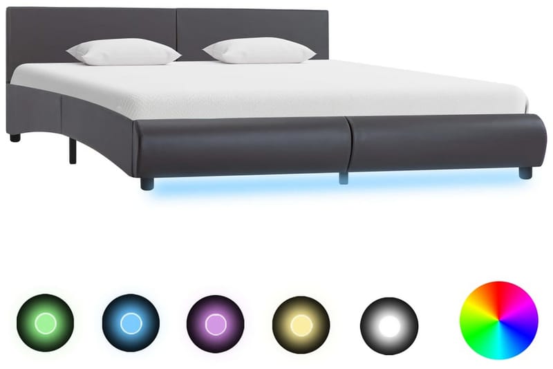 Sängram med LED grå konstl�äder 160x200 cm - Grå - Möbler - Säng - Sängram & sängstomme