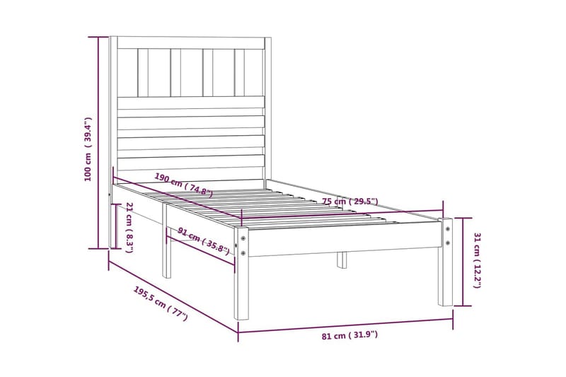 Sängram svart massiv furu 75x190 cm liten enkelsäng - Svart - Möbler - Säng - Sängram & sängstomme
