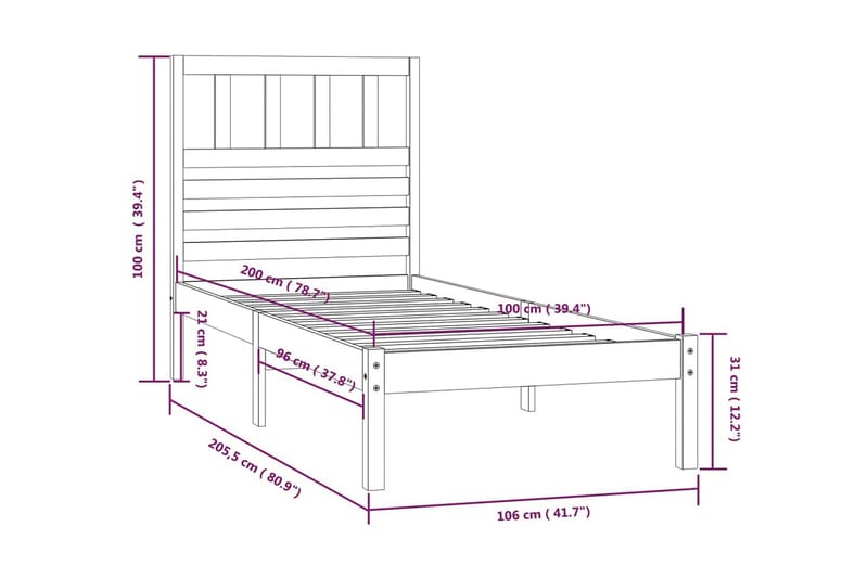 Sängram svart massivt furu 100x200 cm enkelsäng - Svart - Sängram & sängstomme