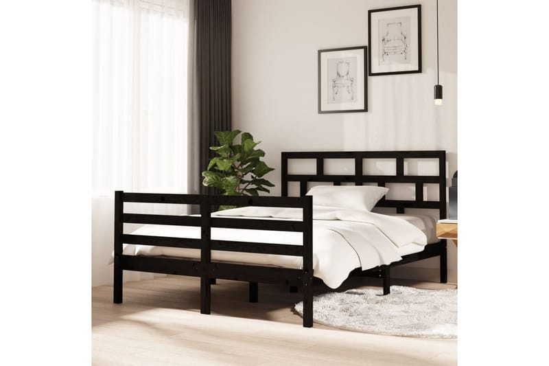 Sängram svart massivt trä 135x190 cm dubbel - Svart - Sängram & sängstomme