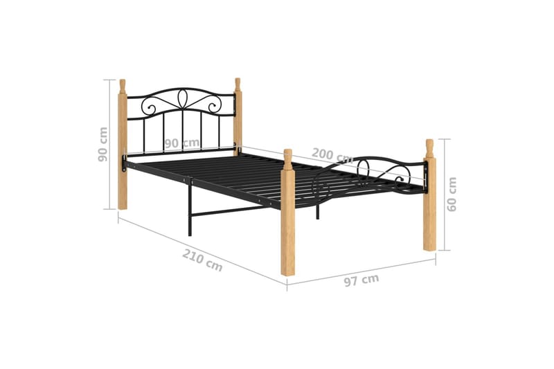Sängram svart metall och massiv ek 90x200 cm - Ljust trä - Möbler - Säng - Sängram & sängstomme