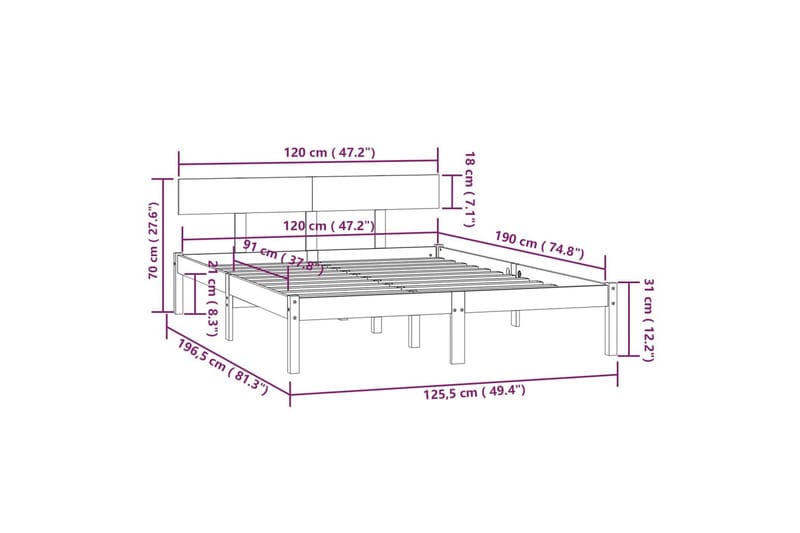 Sängram vit massiv furu 120x190 cm - Vit - Sängram & sängstomme