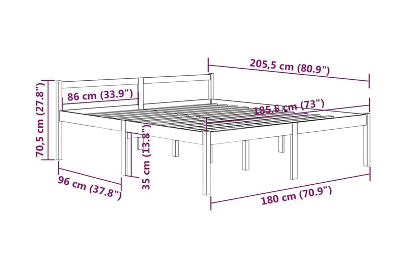 Sängram vit massiv furu 180x200 cm 6FT - Vit - Sängram & sängstomme