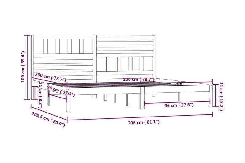 Sängram vit massivt furu 200x200 cm - Vit - Sängram & sängstomme