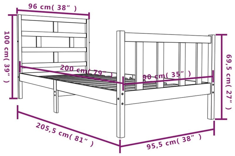 Sängram vit massivt furu 90x200 cm - Vit - Möbler - Säng - Sängram & sängstomme