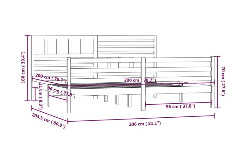 Sängram vit massivt trä 200x200 cm - Vit - Sängram & sängstomme