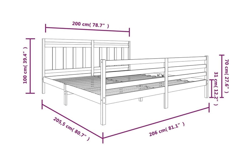 Sängram vit massivt trä 200x200 cm - Vit - Sängram & sängstomme