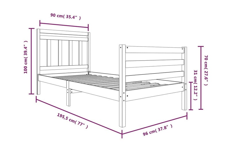 Sängram vit massivt trä 90x190 cm 3FT - Vit - Möbler - Säng - Sängram & sängstomme