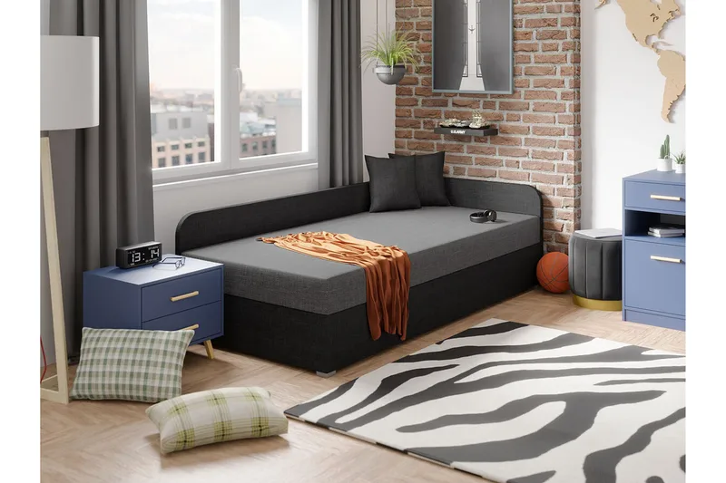 Unona Sängram 90x200 cm i Tyg med Förvaring + Sängmadrass - Grå|Svart - Möbler - Säng - Sängram & sängstomme