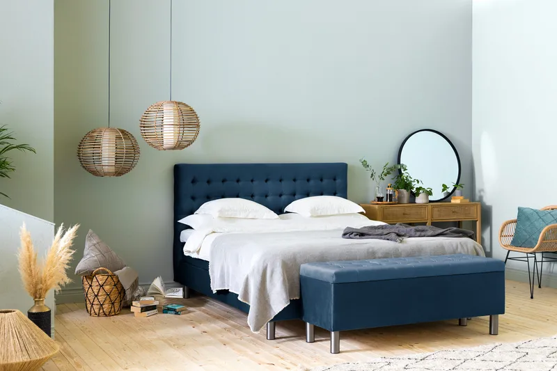 Ella Sängkista 140cm Rutig - Blå/Sammet - Möbler - Säng - Sängtillbehör & sänggavel - Sängförvaring