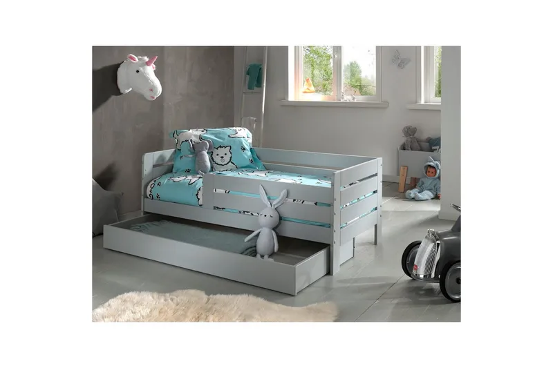 Juniorsäng med skyddsräcken och låda Peuterbed Grå - Grå - Möbler - Säng - Sängtillbehör & sänggavel - Sängförvaring