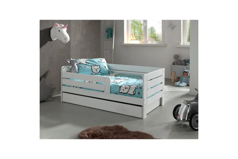Juniorsäng med skyddsräcken och låda Peuterbed Vit - Vit - Möbler - Säng - Sängtillbehör & sänggavel - Sängförvaring