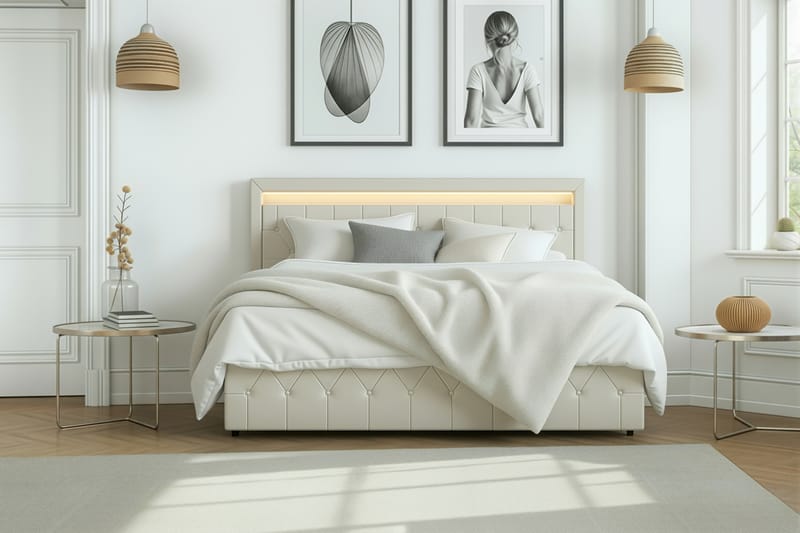 Tilly Komplett Sängpaket med förvaring LED-belysning 180x200 cm - Beige - Möbler - Säng - Komplett sängpaket