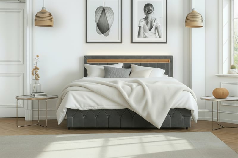 Tilly Komplett Sängpaket med förvaring LED-belysning 180x200 cm - Grå - Möbler - Säng - Komplett sängpaket