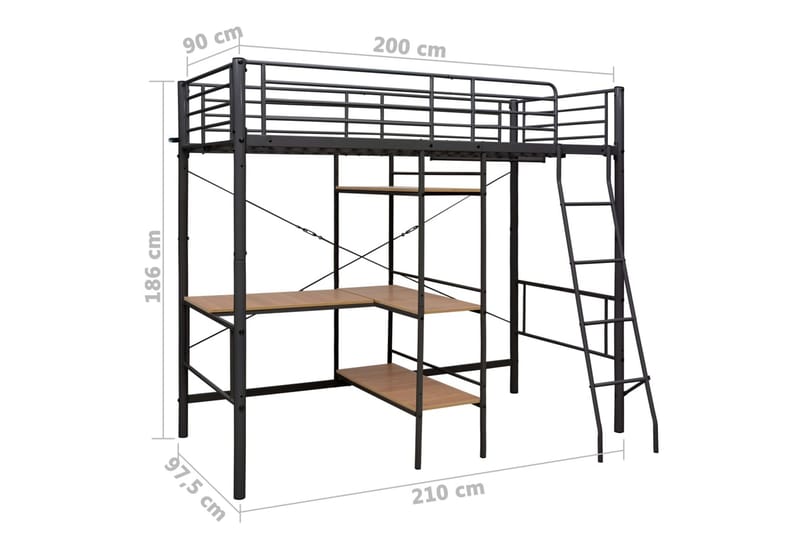 Våningssäng med bord svart metall 90x200 cm - Svart - Våningssäng - Våningssäng barn