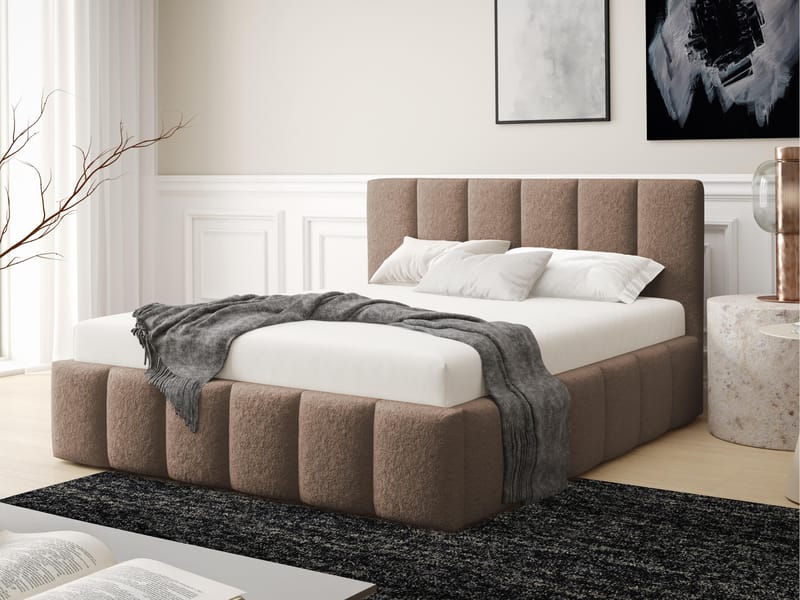 Vinvik Sängram med Förvaring 160x200 cm i Bouclé med Trästativ - Ljusbeige - Möbler - Säng - Sängram & sängstomme